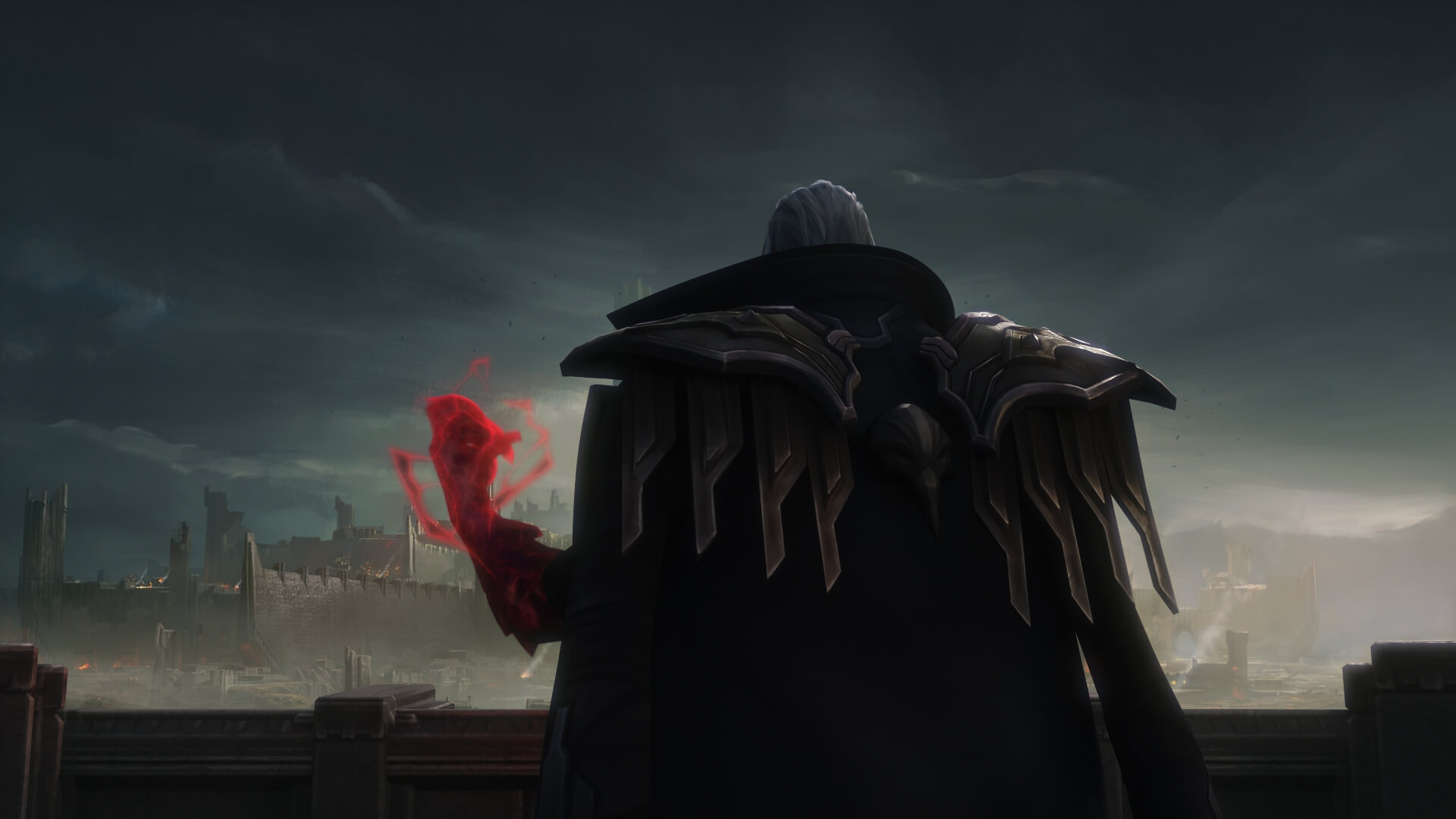 Swain the Grand General of Noxus wielding magic and looking out at the landscape
