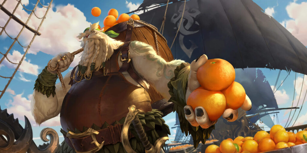 A Bilgewater orange courier is handing oranges upon the ship.