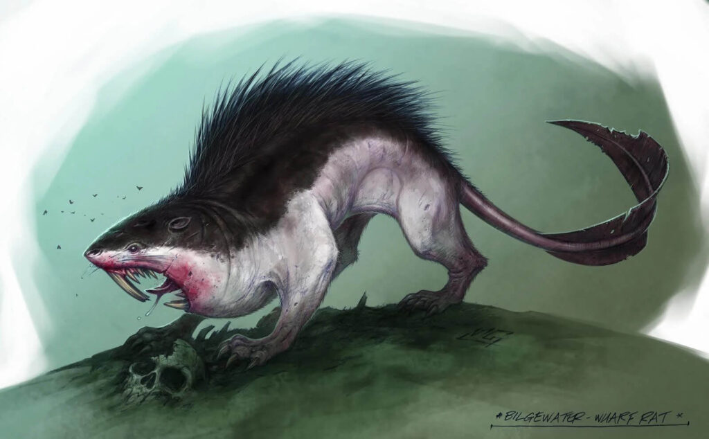 Concept art of a wharf rat atop a human skill salivating with flies buzzing around its head