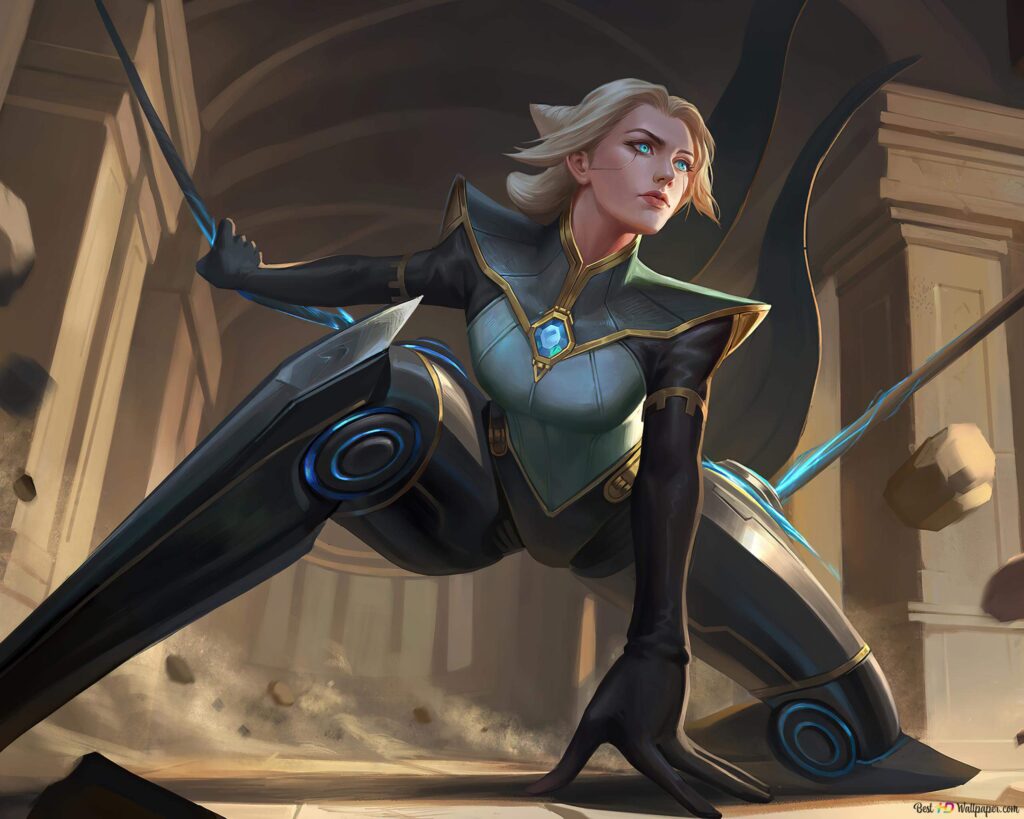 Camille is crouched down in a temple with her grappling hooks engaged from her legs