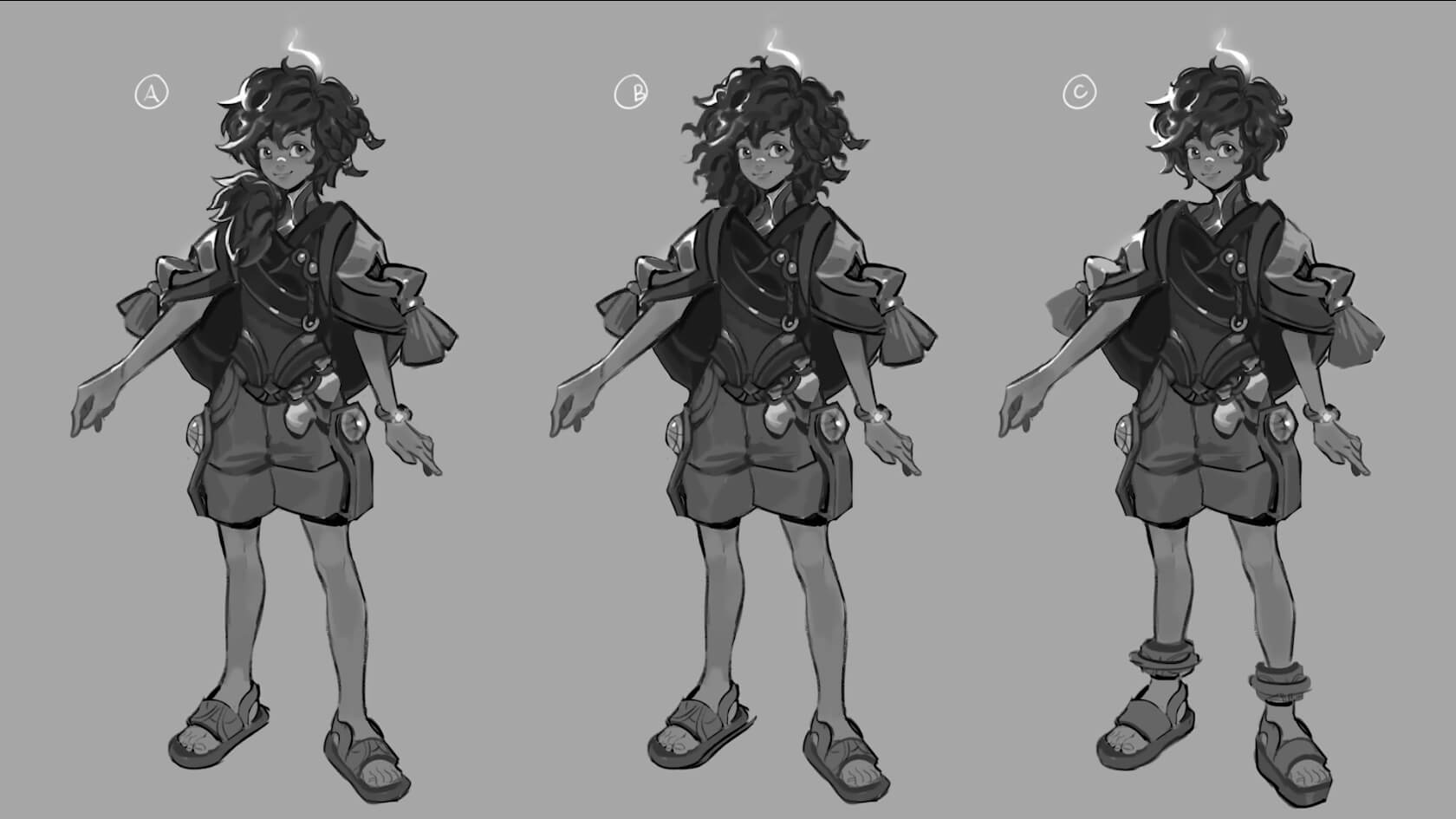 Concept art A, B, and C for Milio in greyscale