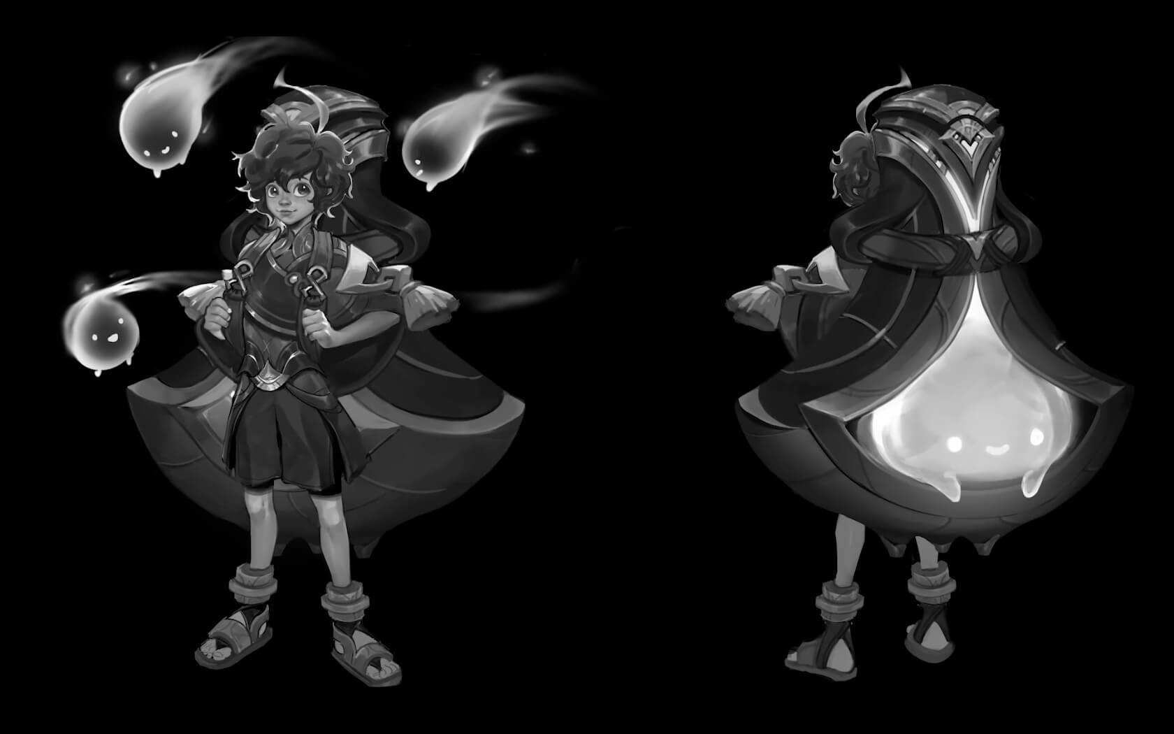 2 concept art images front and back for the League of Legends Milio Champion with three Fuemigos and his Furnasita on his back