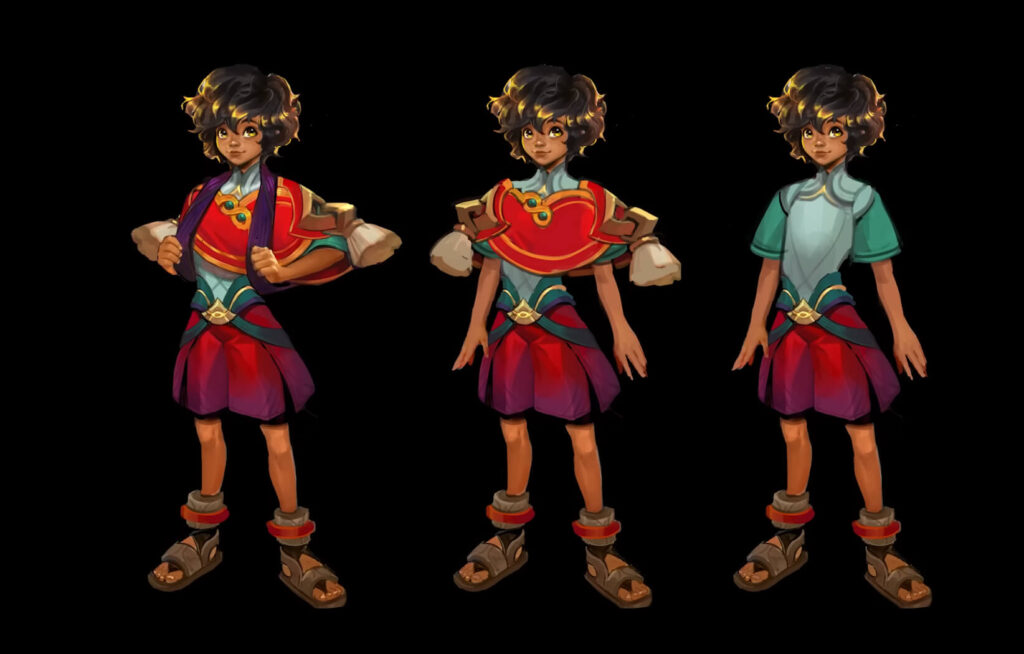 Concept art with three armor variants of Milio