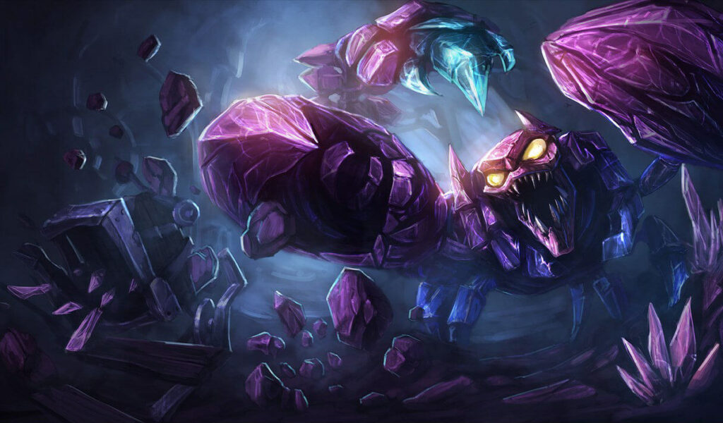 Skarner showing his teeth while in an underground tunnel