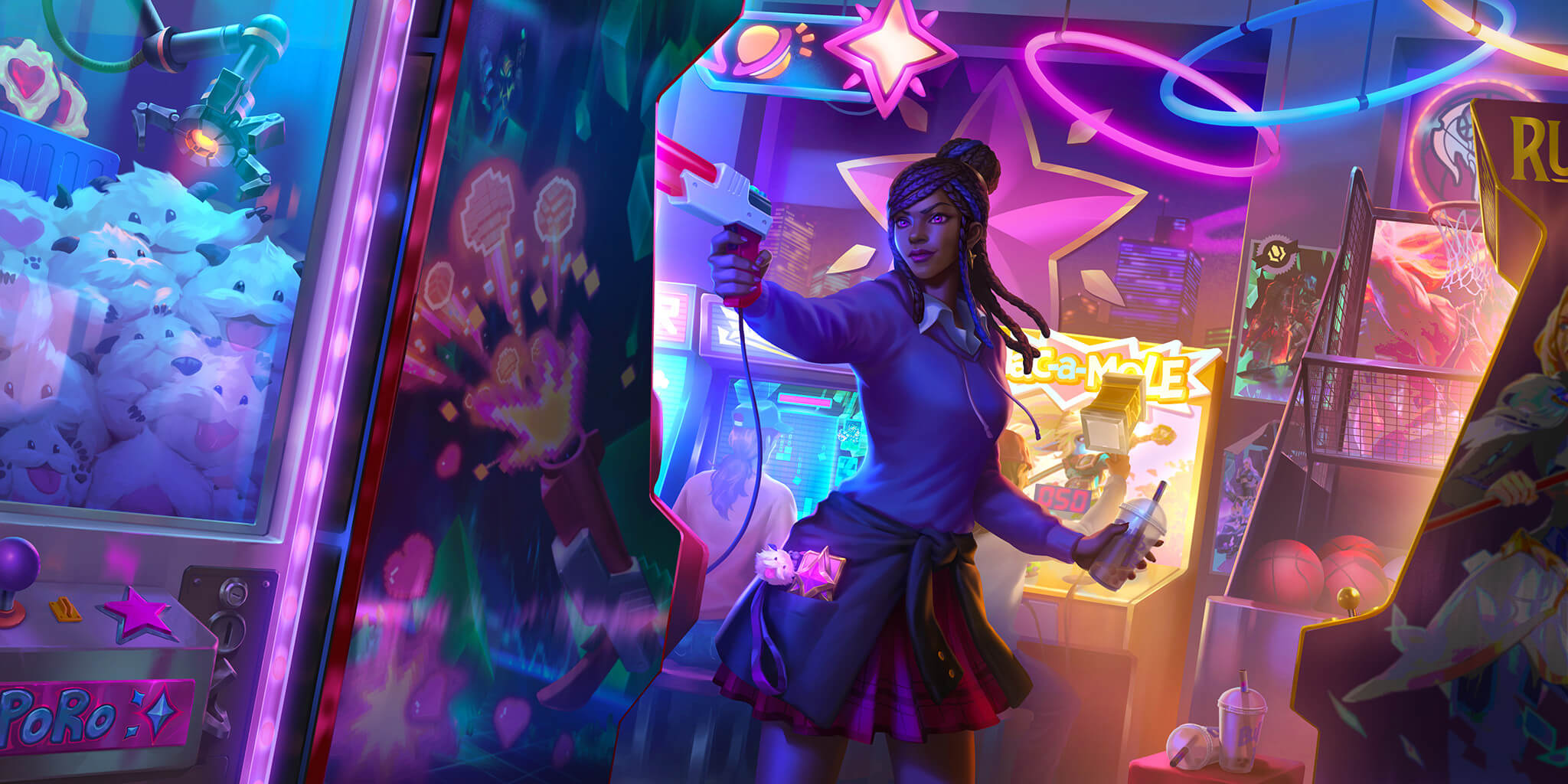 Star Guardian Senna playing a light gun game in an Arcade