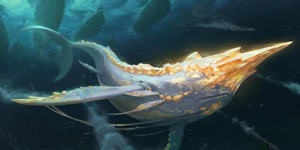 Golden Narwhal is being attacked by hunters with nets and harpoons