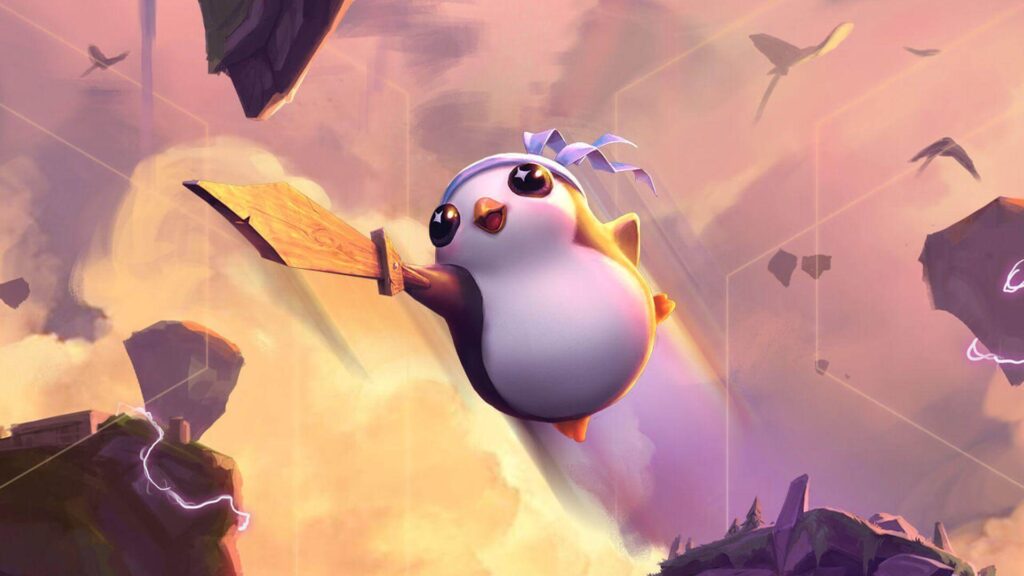 A Pengu soaring through the aid with a small wooden sword