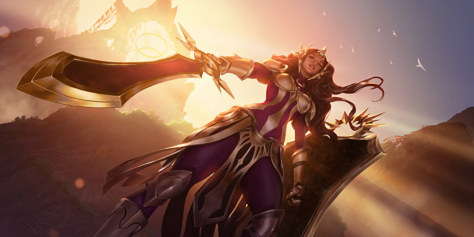 Leona wielding her Zenith Blade and Shield of Daybreak in Targon