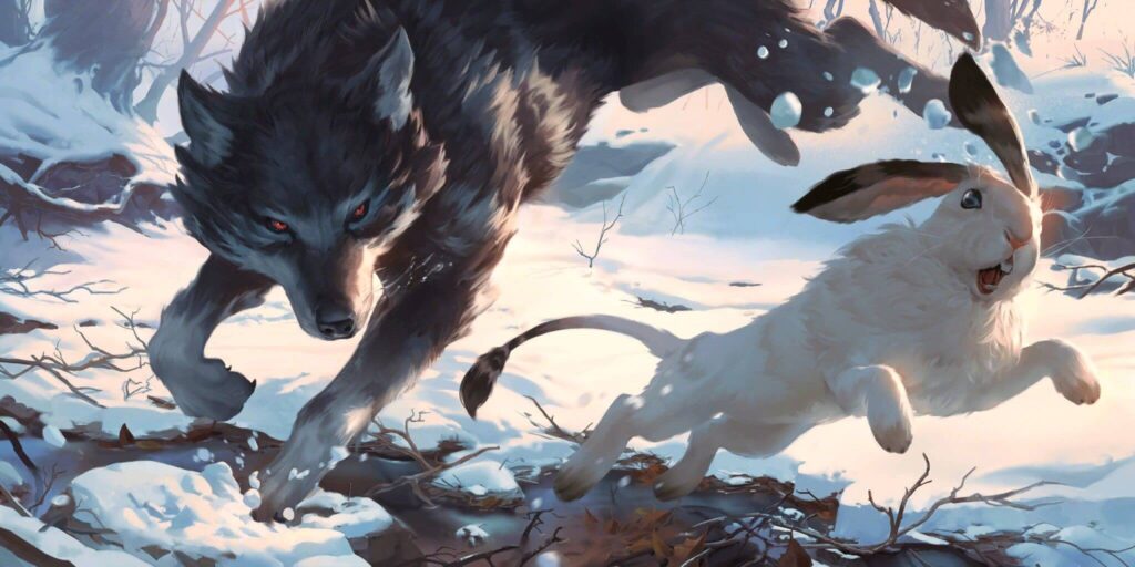 Runeterran wolf chasing a hare in the snow