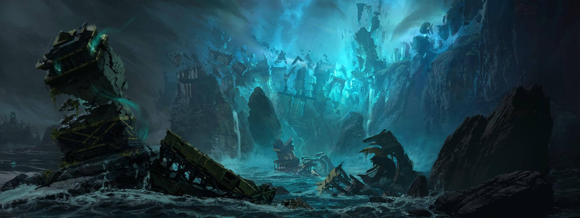 The flooded coastline of Helia, Shadow Isles with sinking architecture on the water.