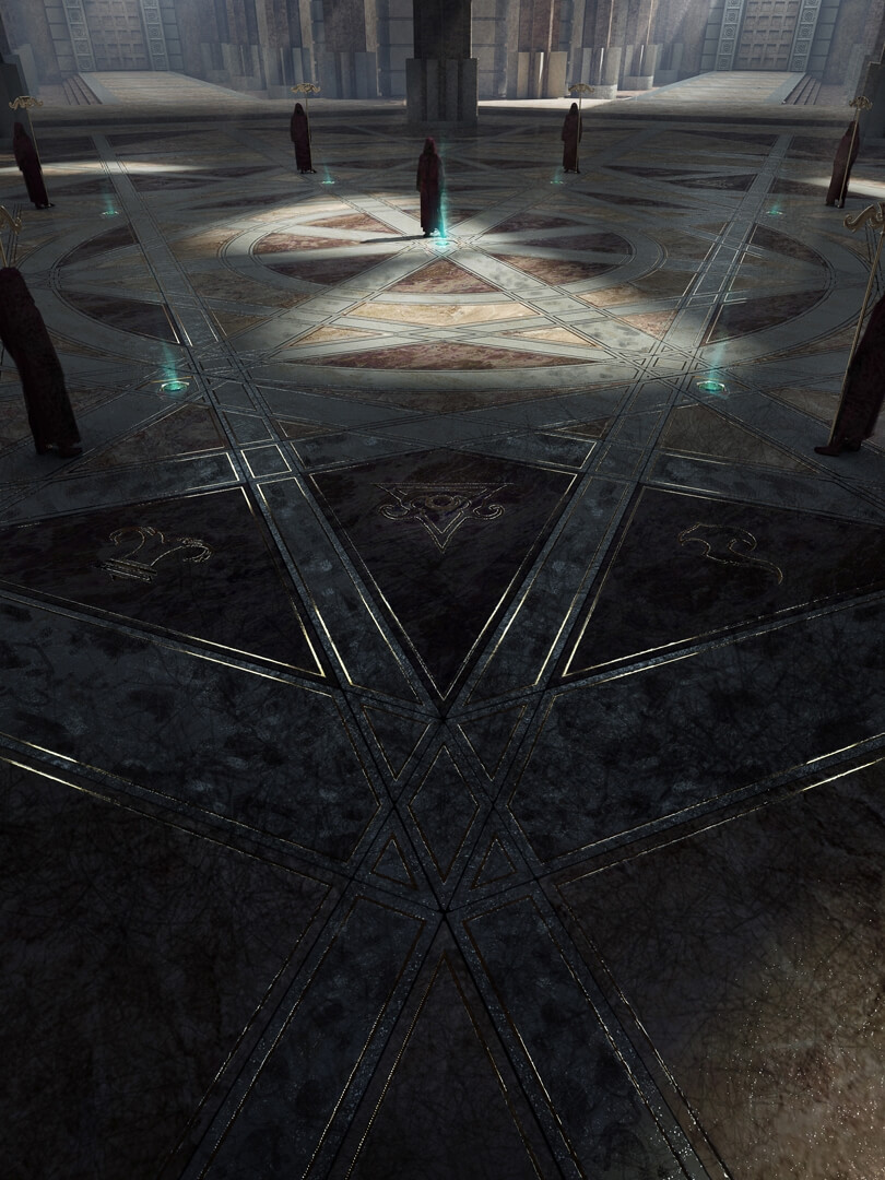 Seven robed men are in side the massive Hall of Conjunction in the Shadow Isles