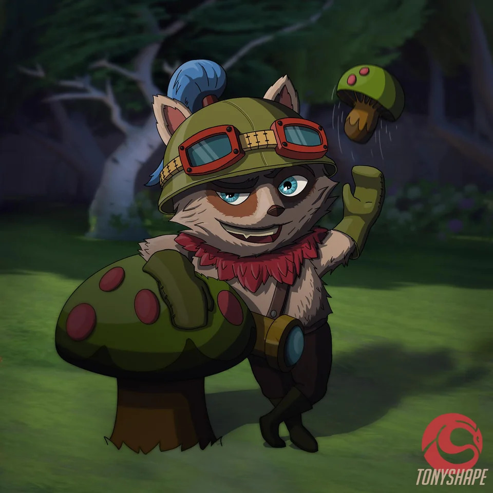Teemo leaning on a mushroom and tossing another in the air in the wilderness