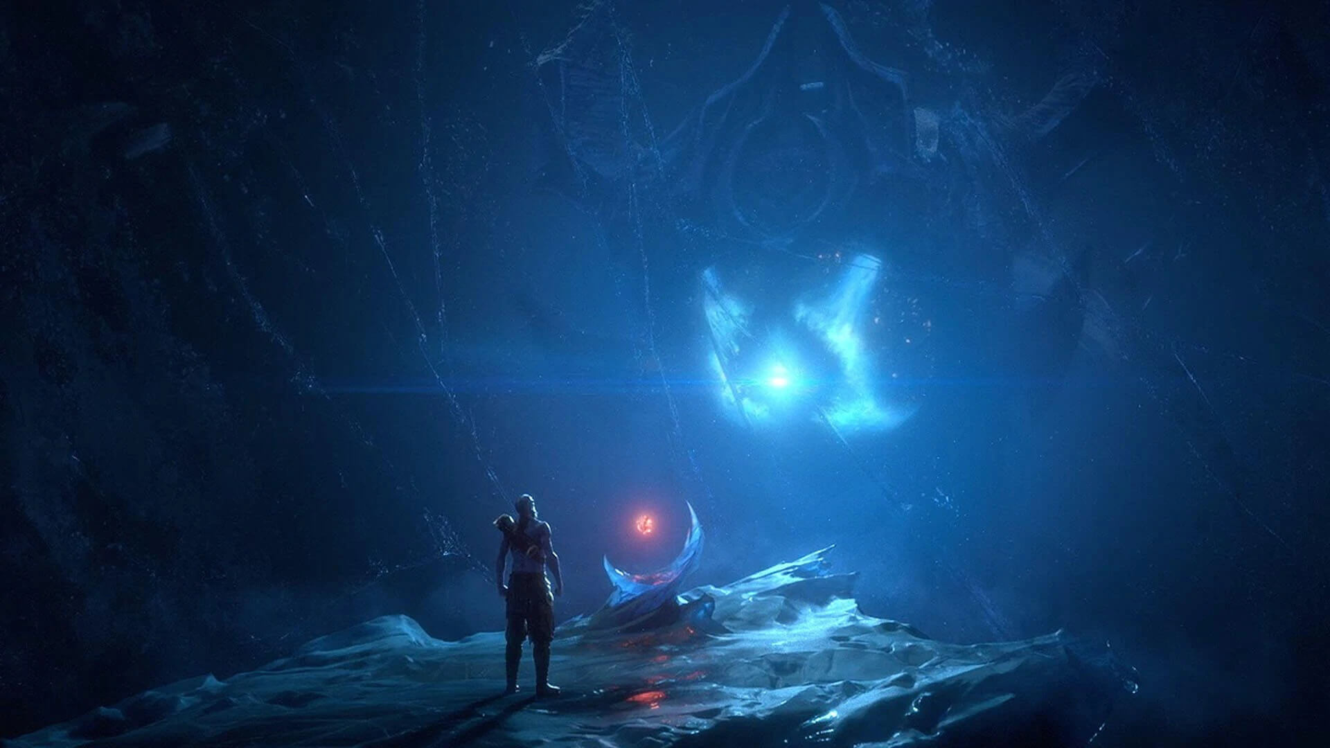 Ryze appears in front of a World Rune and is looking at a Frozen Watcher through the clear glass