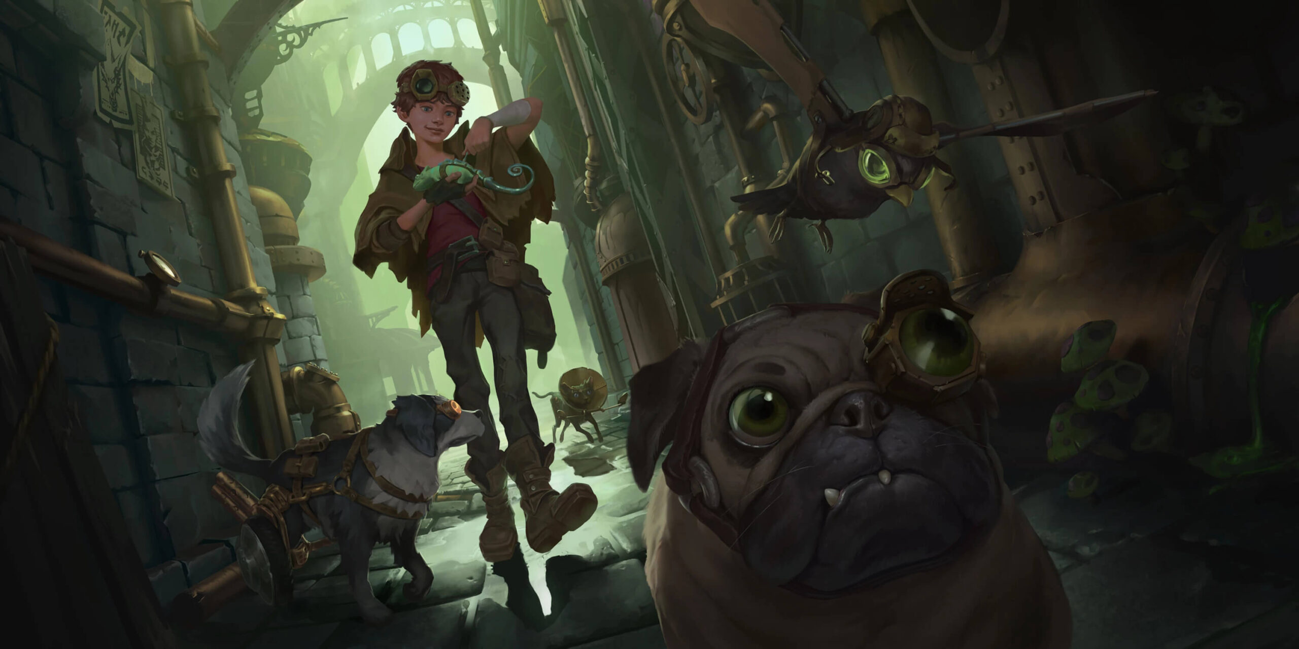 Sumpsnipe boy from Zaun tinkering with a toy in an alleyway with animals