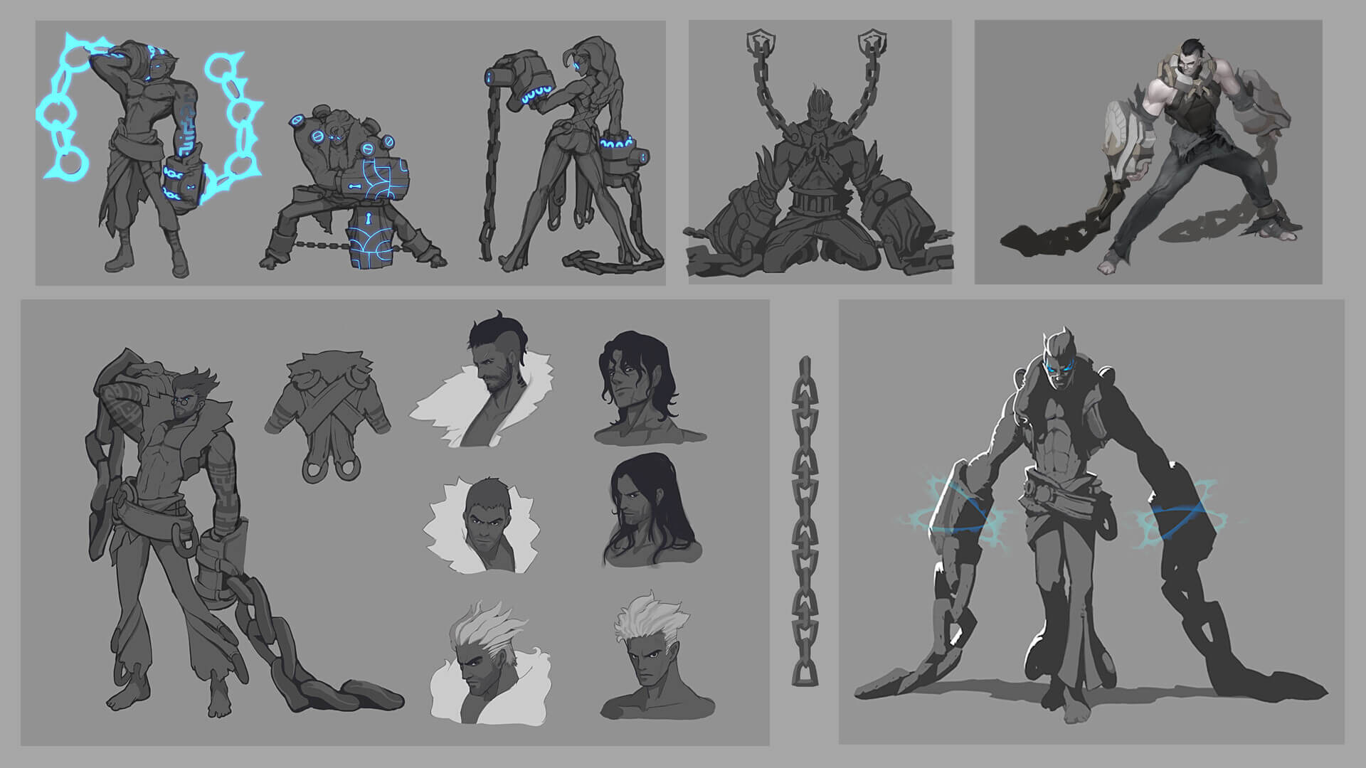 Five images containing concept art for Sylas in various positions plus an image of his chain