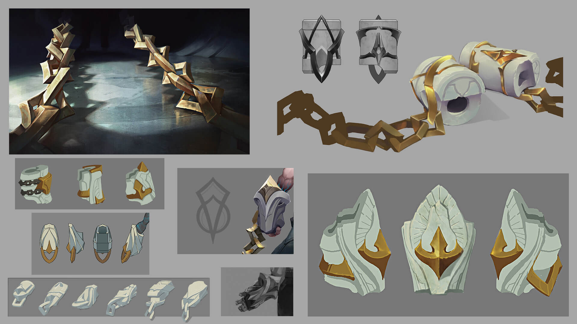 Eight images of Sylas concept art including, golden shackles and bindings