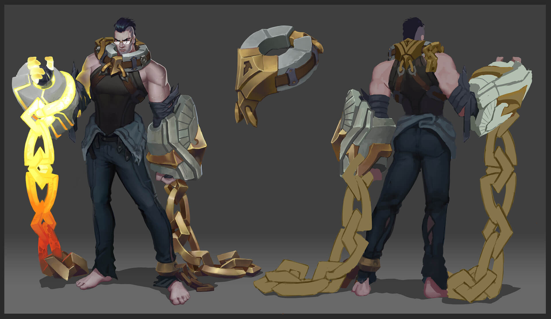 Sylas front and back posing with chains and manacles. One chain is glowing from incandescence