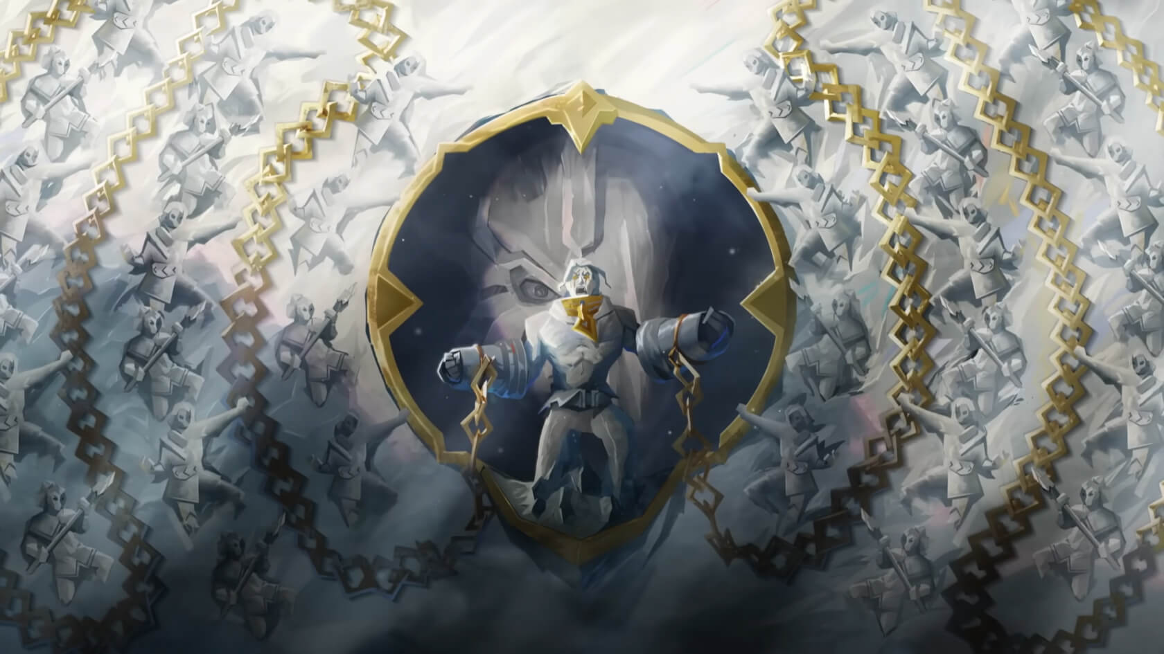 White and gold themed art of Sylas shackled with Demacian guards surrounding him