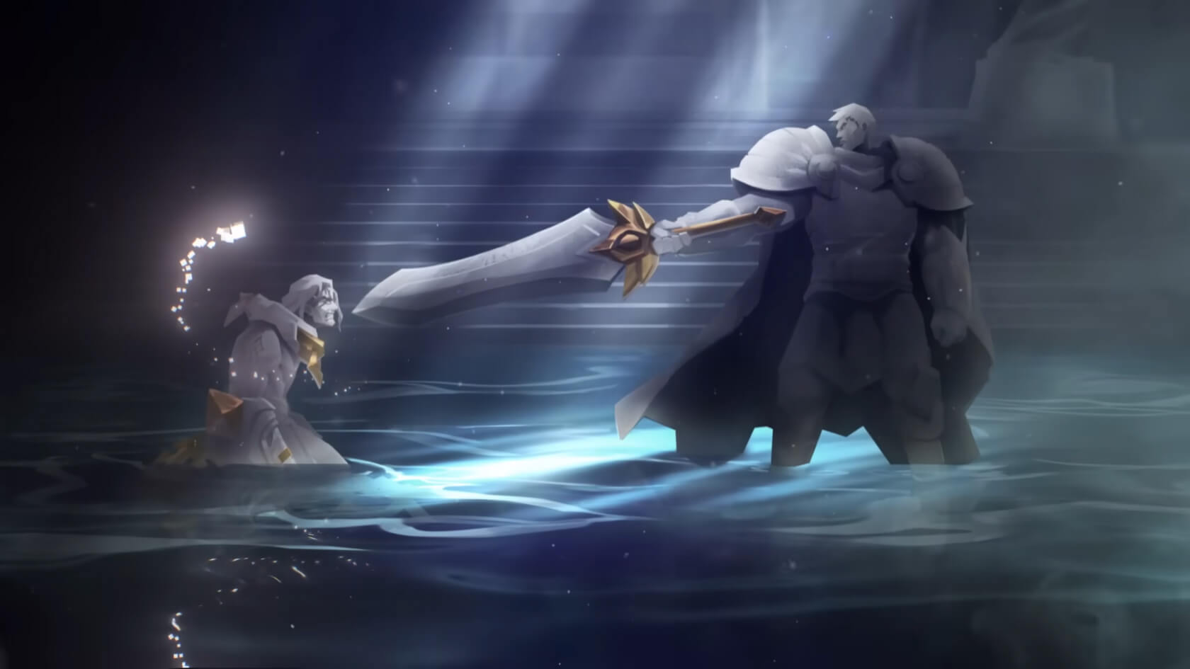 A gloomy scene depicting Garen and Sylas as petricite statues in a flooding Demacia with Garen pointing his sword directly at Sylas
