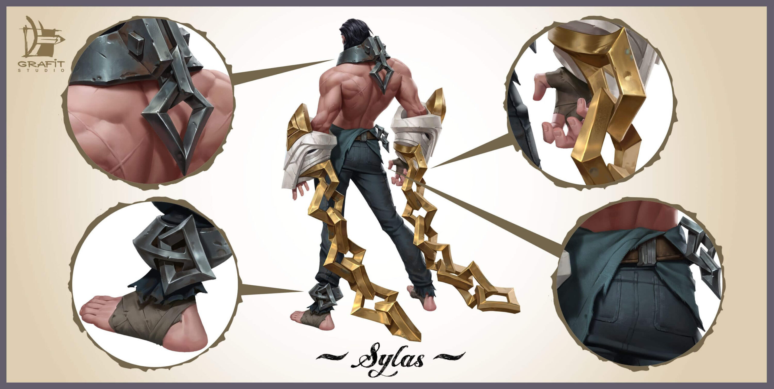 Sylas facing away topless in jeans with chains hanging and four magnified cutouts