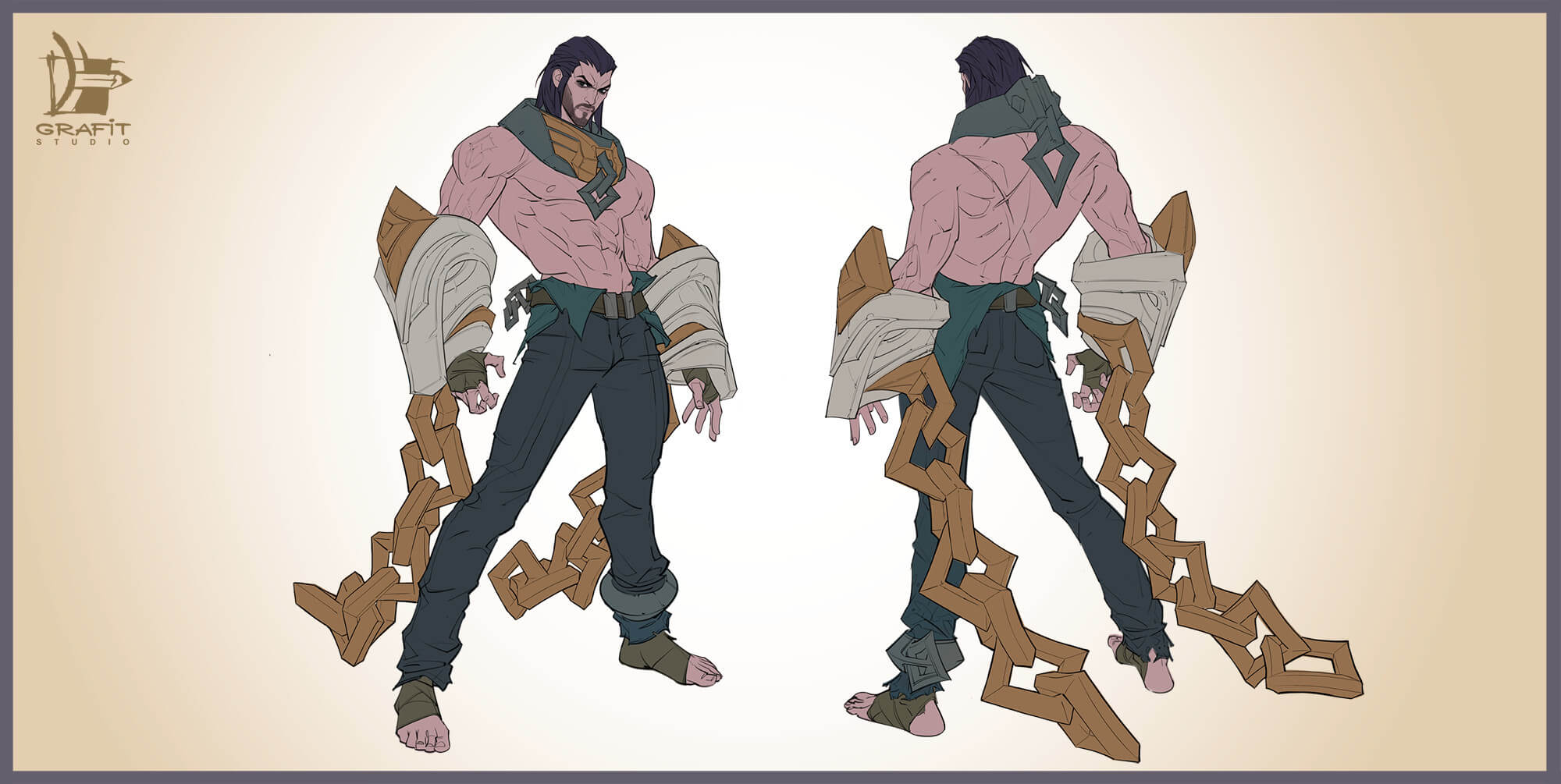 Colored, unrendered Sylas artwork posing front and back