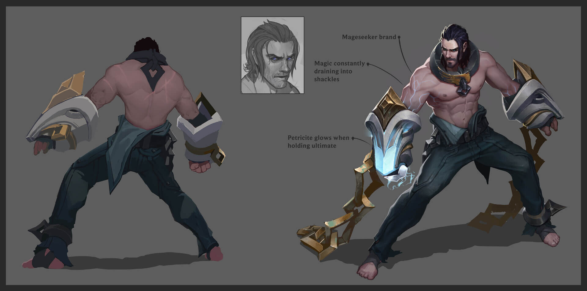 Front and back of Sylas with pop out notes about his weapon and body