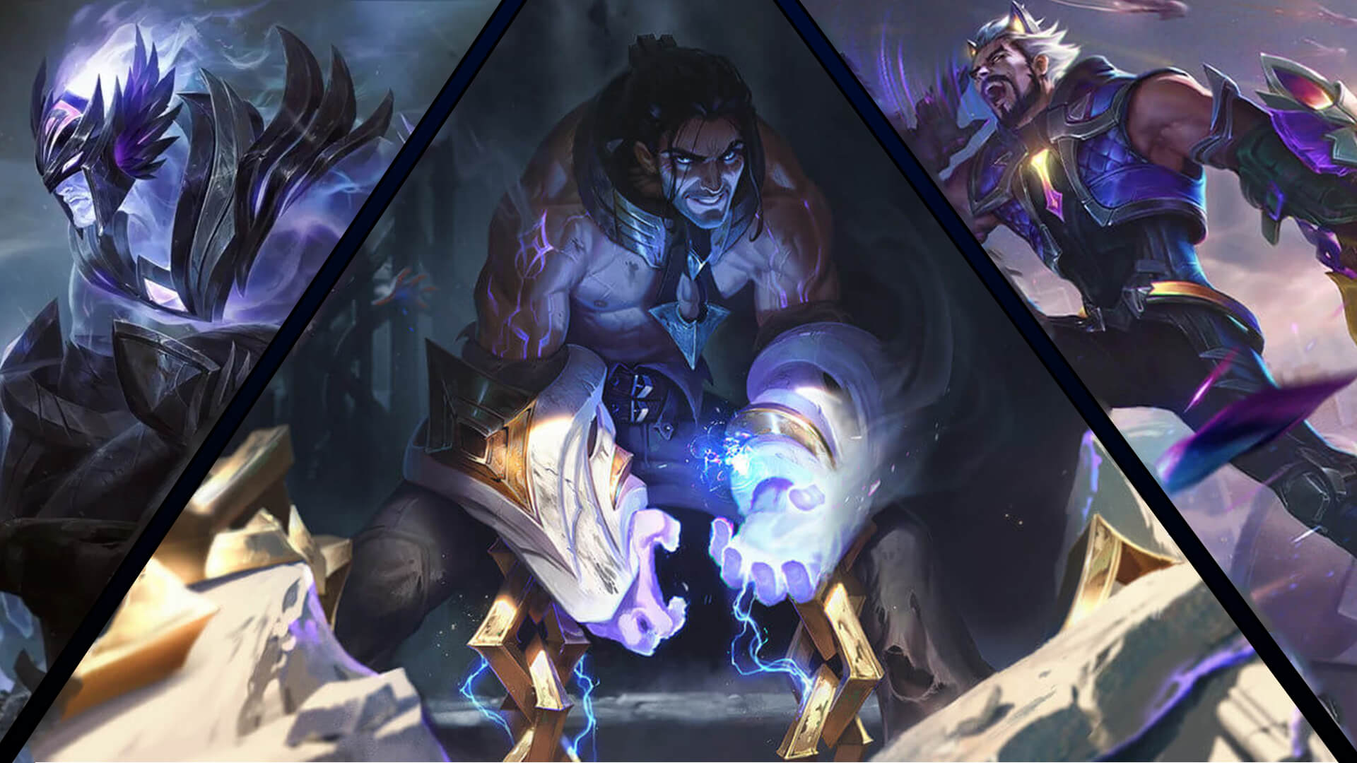 Classic Sylas the Unshackled in the middle, Ashen Slayer Sylas to the left and Battlewolf Sylas to the right