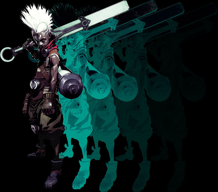 Ekko standing with his Zero Drive and four clones behind with him with increasing transparency