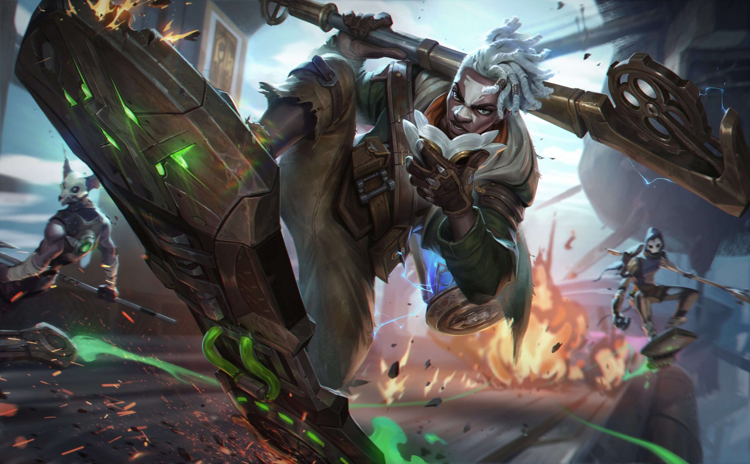 Ekko is flying a hoverboard in Piltover with the other Firelight gang members