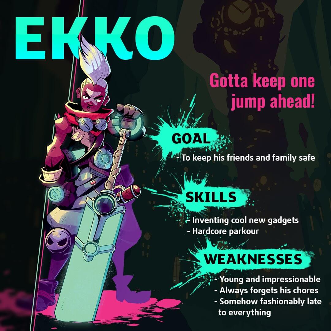 Convergence promotional art from the official Riot Forge Twitter page. Image of Ekko with Goal, Skills, and Weakness stylized text