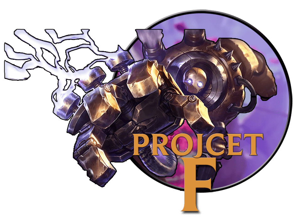 Blitzcrank splash art on a circular icon with Project F font in front