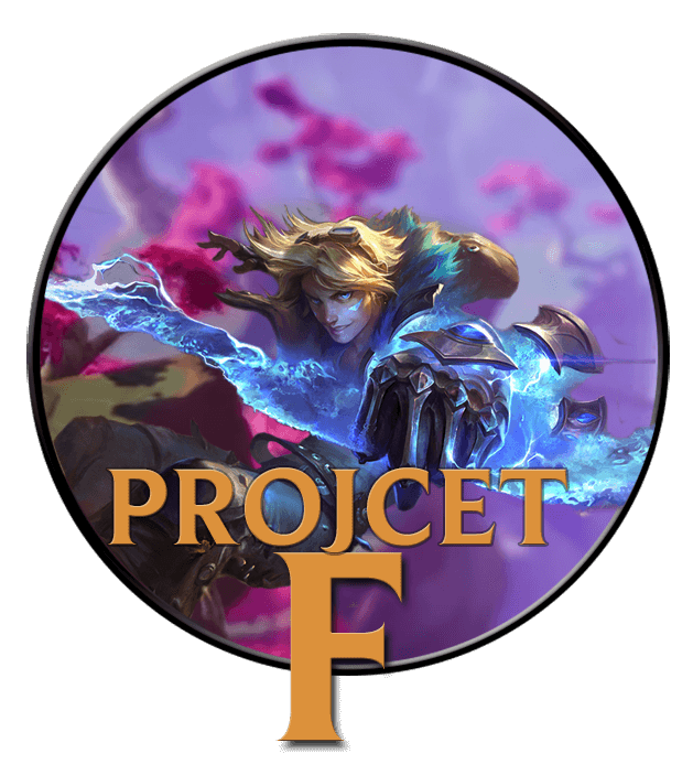 Ezreal splash art on a circular icon with Project F font in front