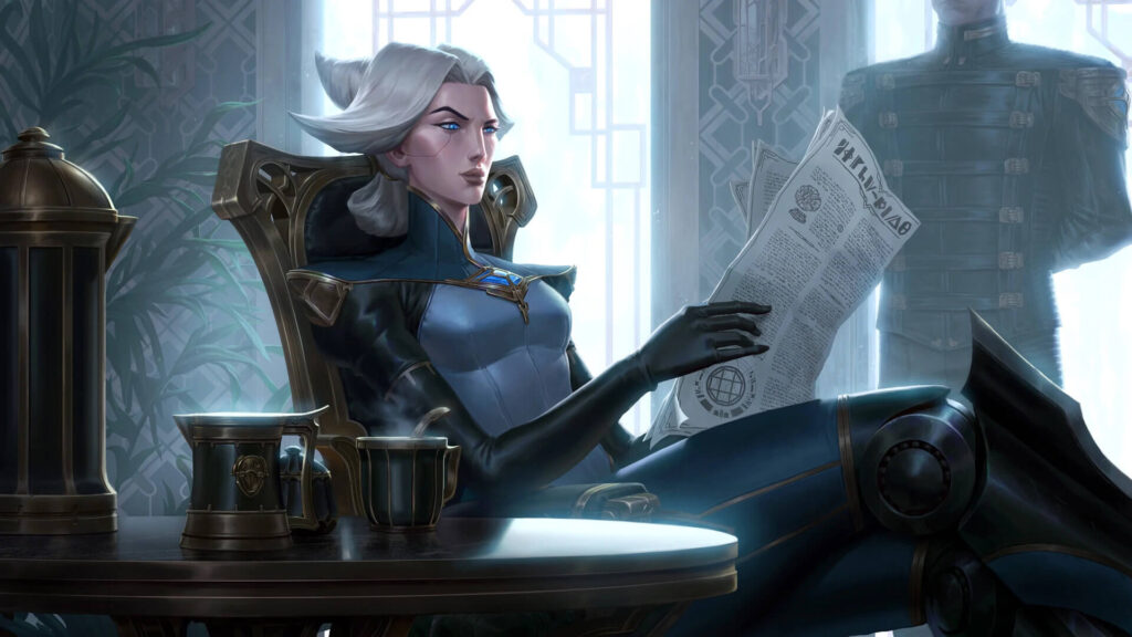 Camille sitting reading a newspaper with with some tea and a guard beside her
