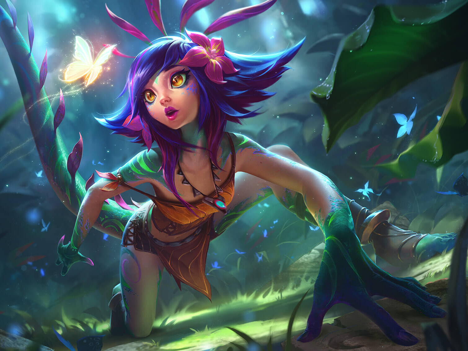 Riot MMO Faction Oovi-Kat tribe with member Neeko in the jungle looking at a glowing butterfly