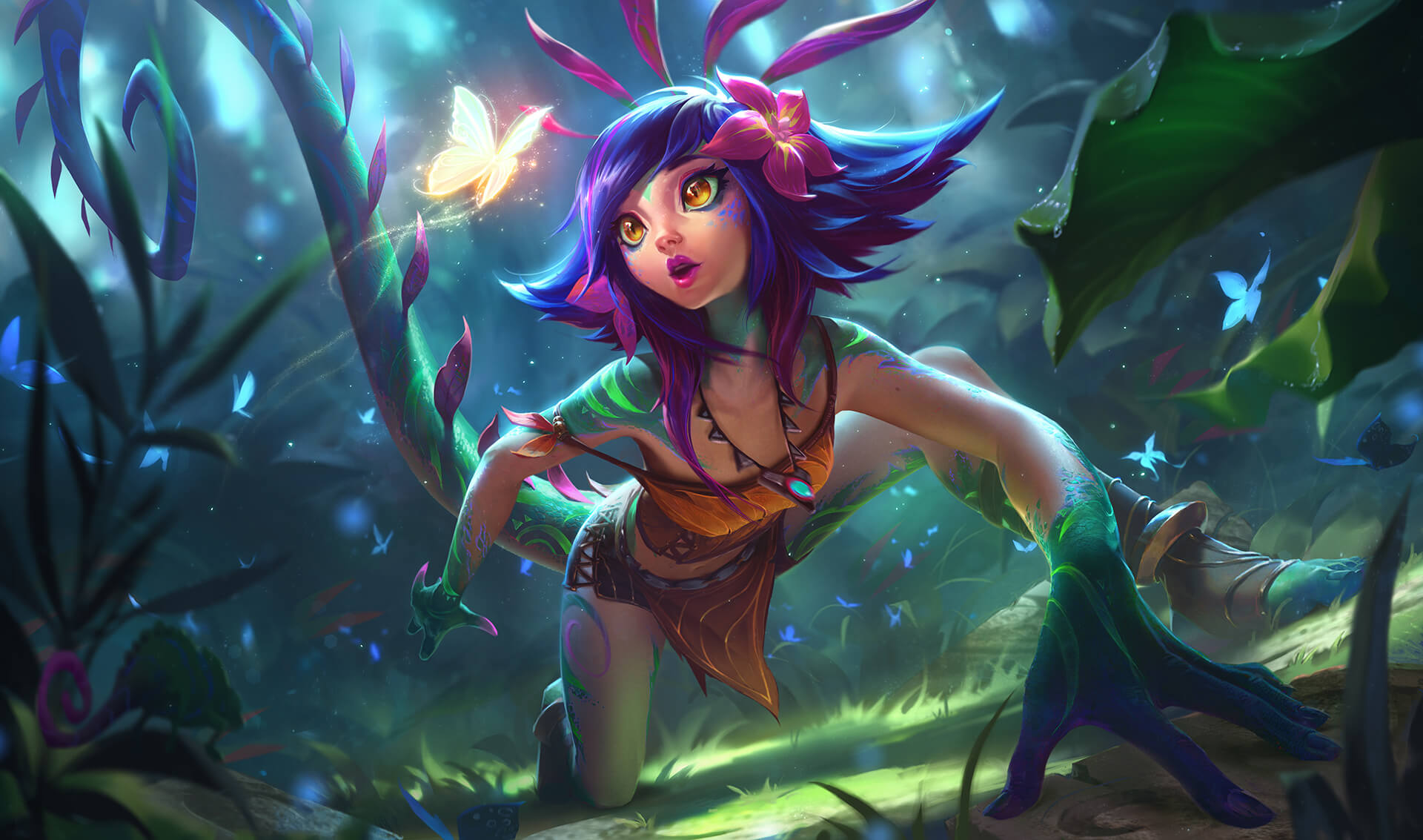 Neeko in the jungle looking at a a glowing butterfly