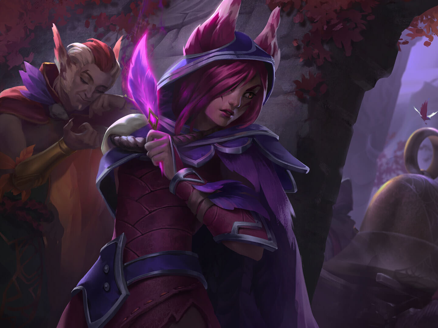 Riot MMO Factions Lhotlan members Xayah and Rakan working together in the forest