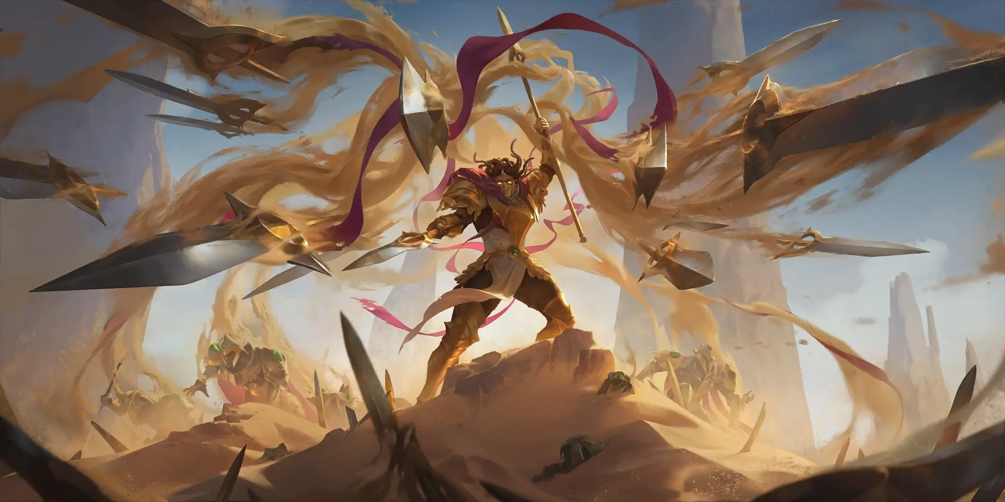 Fallen Sands General throwing dozens of blades while summoning a number of sand soldiers in Shurima