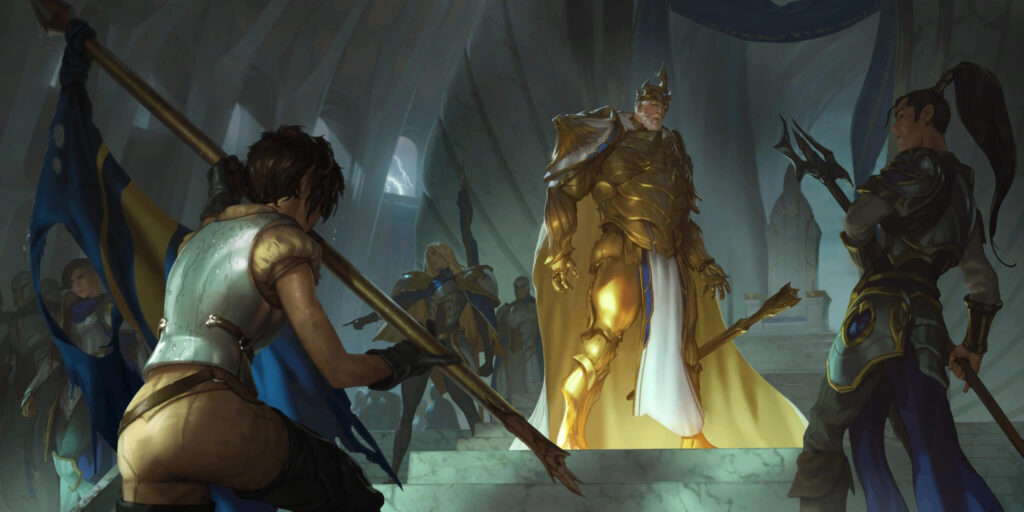 King Jarvan III in the throne room with Xin Zhao and other Demacians