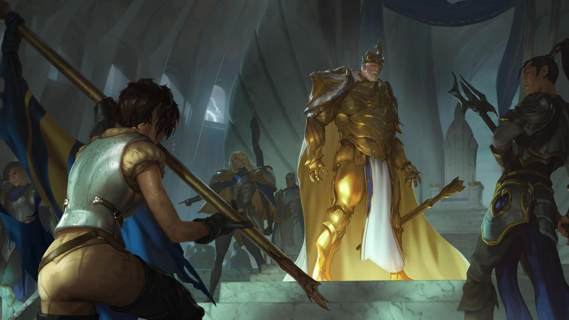 King Jarvan III in the throne room with Xin Zhao and other Demacians