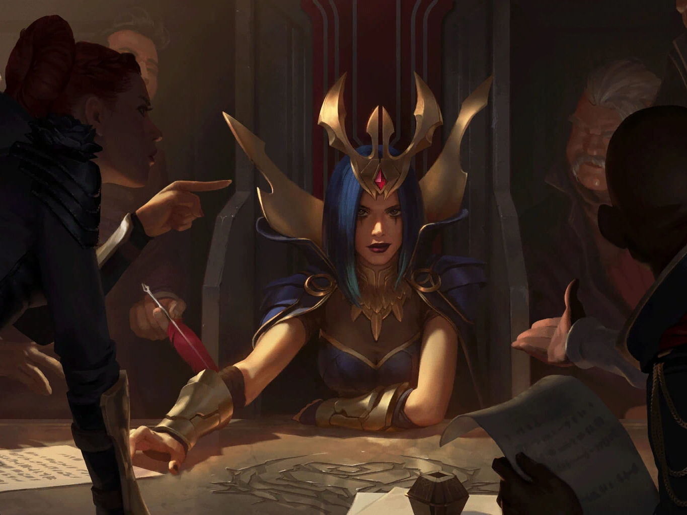 Leblanc seated between others in Noxus