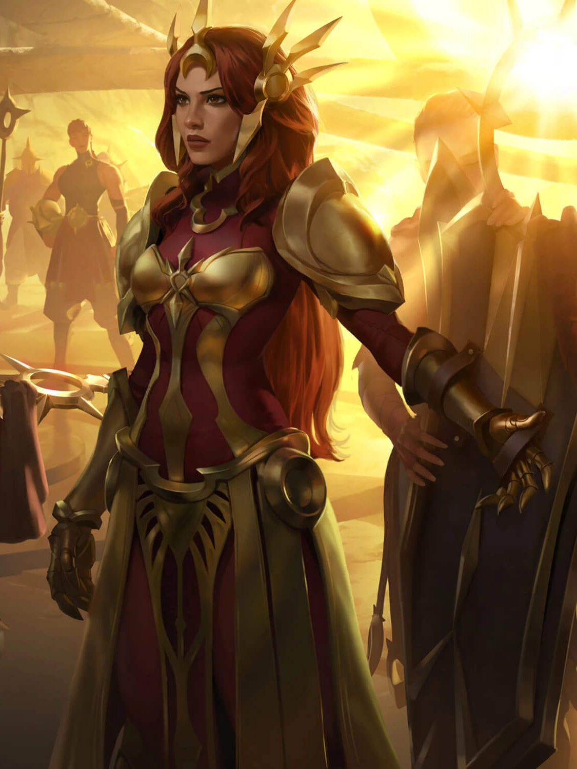 Leona, the Aspect of the Sun leads the Solari faction in Targon. She is being provided her regalia, the Zenith Blade and the Shield of Daybreak