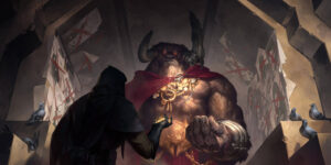 Minotaur Reckoner from Legends of Runeterra accepting gold coins from a human in Noxus.