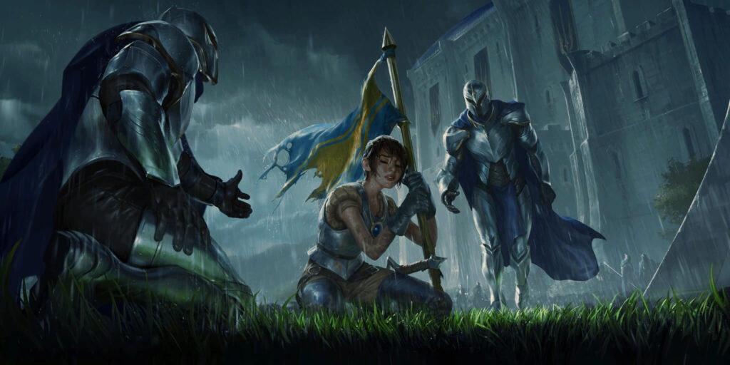 A tired squire is being helped by two Dauntless Vanguard to deliver her message to the king for her
