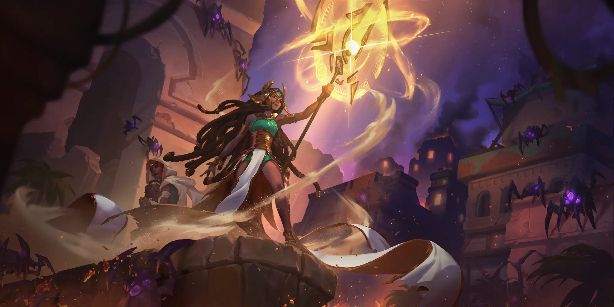 A priestess from Shurima is defending the area from voidborn creatures