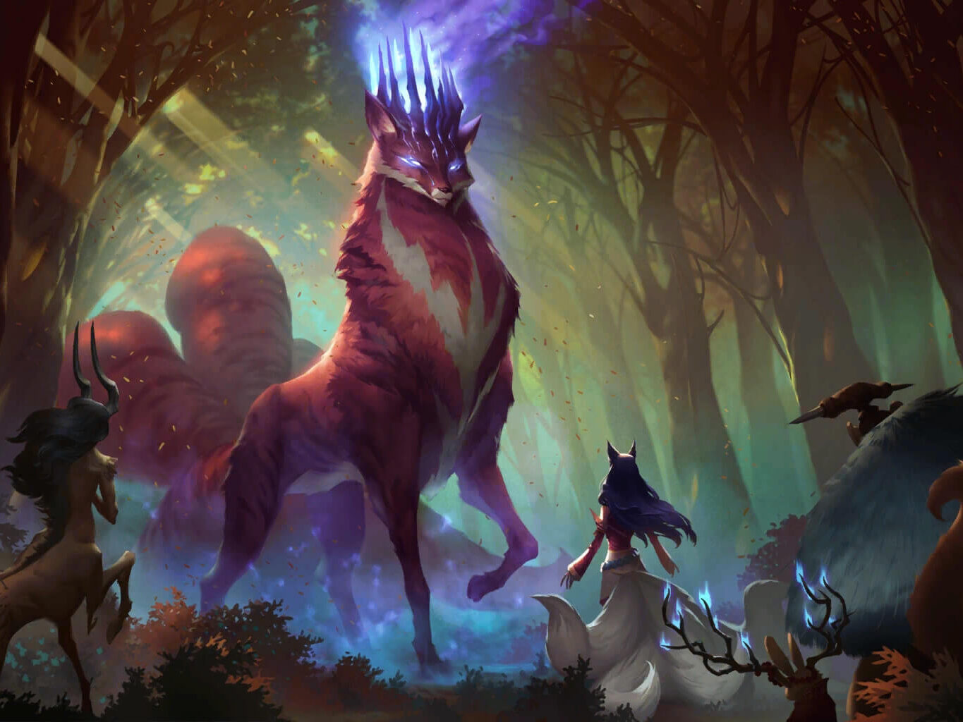 Sai'nen, the Fox Spirit, Ahri, the Pathless Ancient, The Mourned, and a Woodland Keeper grouped together in the Ionian forest