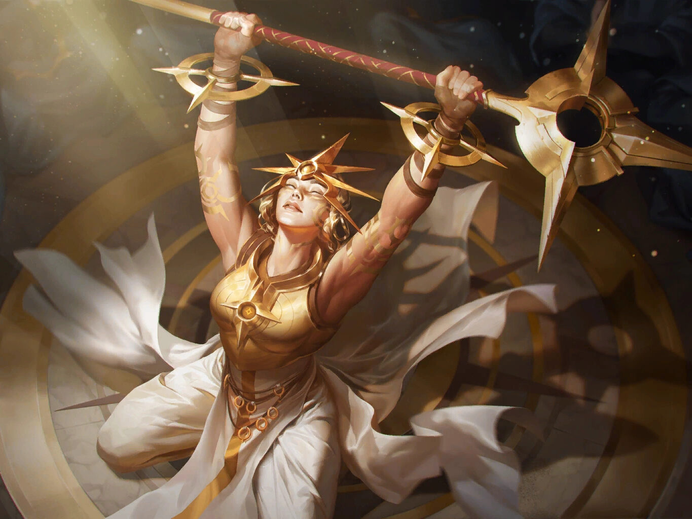 Riot MMO Factions Solari Priestess worshiping the sun with other members