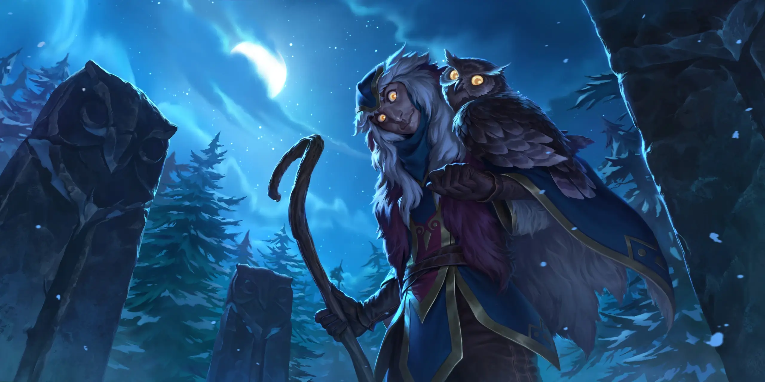 Starlit Seer in Freljord with amazing yellow eyes peering into you with an equally stunning owl on arm