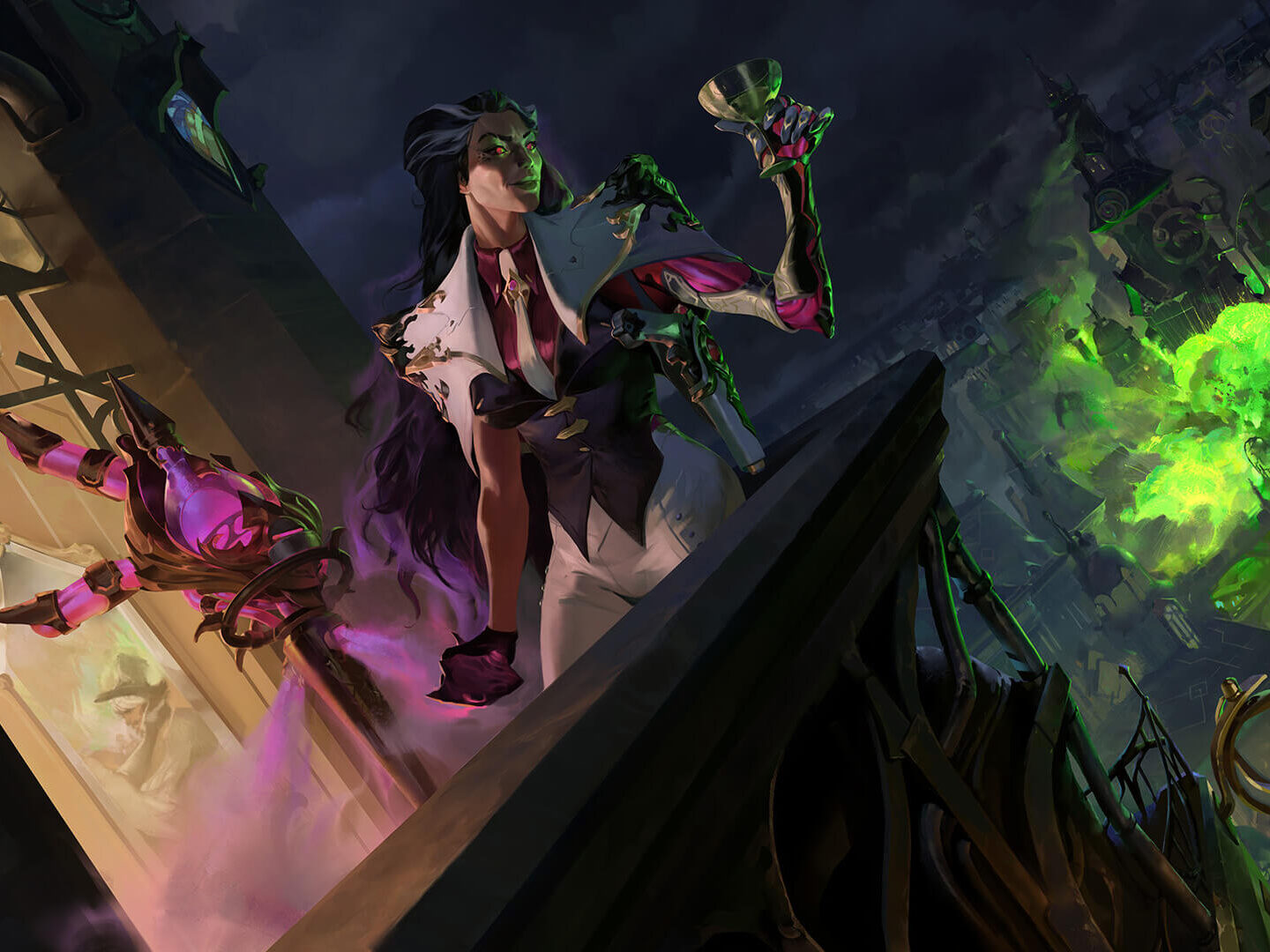 Riot MMO Faction leader Renata Glasc atop her balcony looking over Zaun