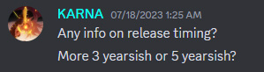 Discord member KARNA asks about the riot mmo release date
