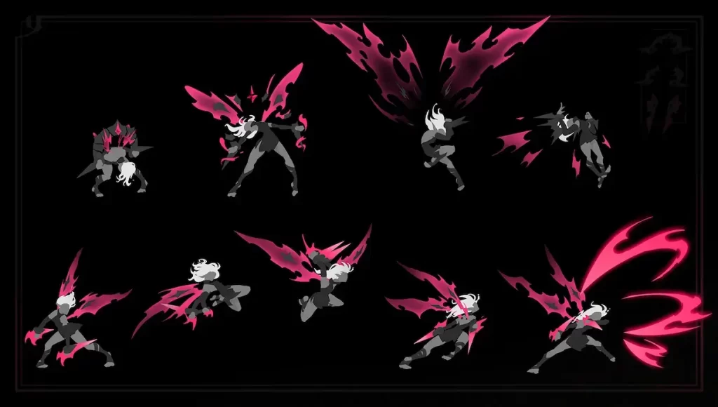 Concept art with various poses of Briar using abilities